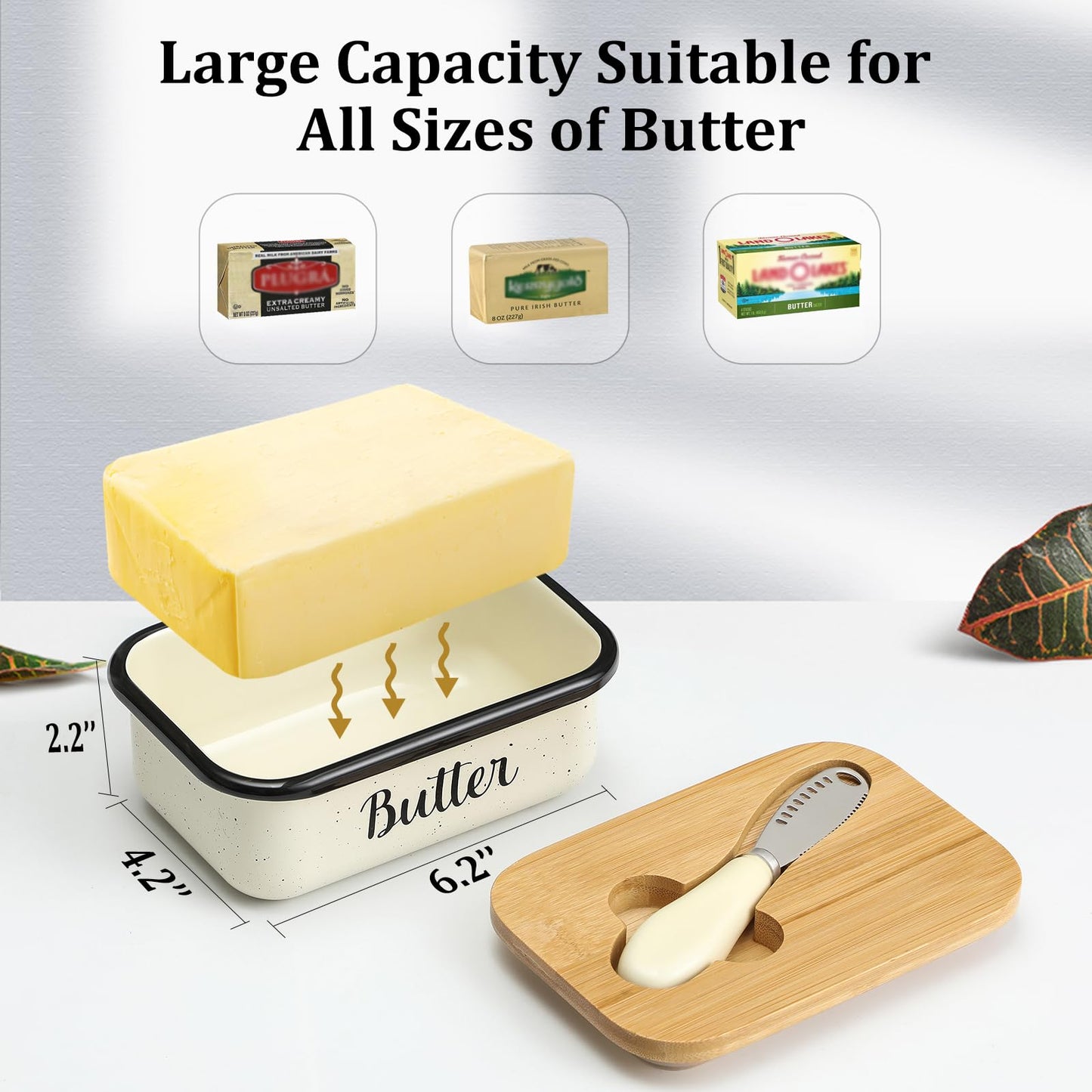 Butter Dish with Lid and Butter Curler Knife - Unbreakable Stainless Steel Keeper Container with Double Silicone Sealing, for Kitchen Farmhouse Decor