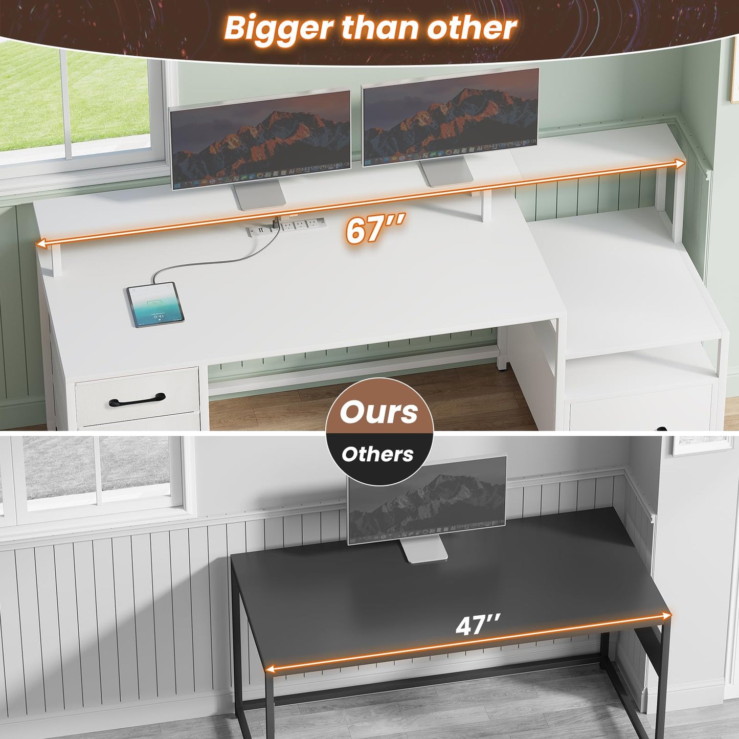 SEDETA Home Office Desk with File Drawer & Power Outlet, 66'' Computer Desk with 5 Drawer, Storage Shelves, Printer Cabinet and Monitor Shelf, Gaming Desk with Led Lights, Rustic Brown
