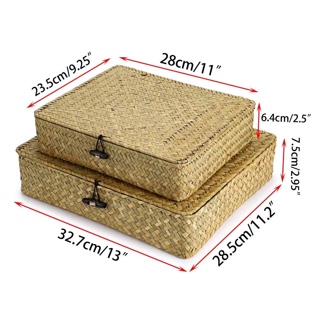 Hipiwe Set of 2 Flat Woven Wicker Storage Bins with Lid Natural Seagrass Basket Multipurpose Home Boxes for Shelf Organizer (Coffee)