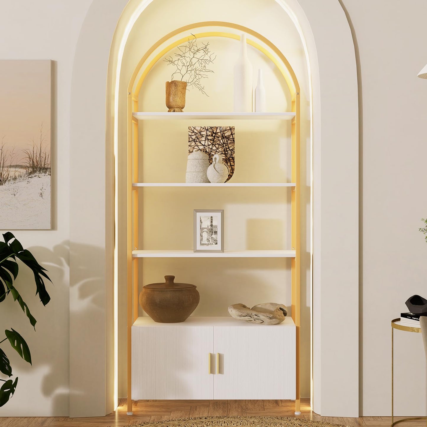 Arched Bookshelf, Bookcase with Doors Storage, 71 Inches Tall Industrial Book Shelf with Sturdy Metal Frame, E1 Quality Boards, Freestanding Display Shelving Unit, Black
