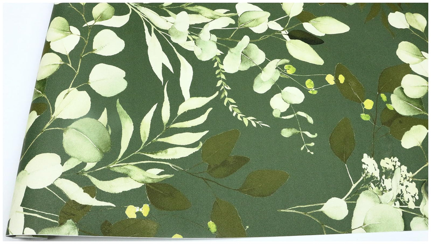 HAOKHOME Peel and Stick Wallpaper Boho Green/White Eucalyptus Leaf Floral Wall Mural Home Nursery Decor Renter Friendly Wallpaper 17.3in x 9.8ft