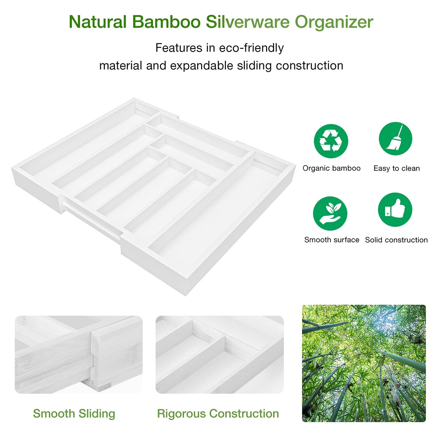 Pipishell Bamboo Expandable Drawer Organizer for Utensils Holder, Adjustable Cutlery Tray, Wood Drawer Dividers Organizer for Silverware, Flatware, Knives in Kitchen, Bedroom, Living Room