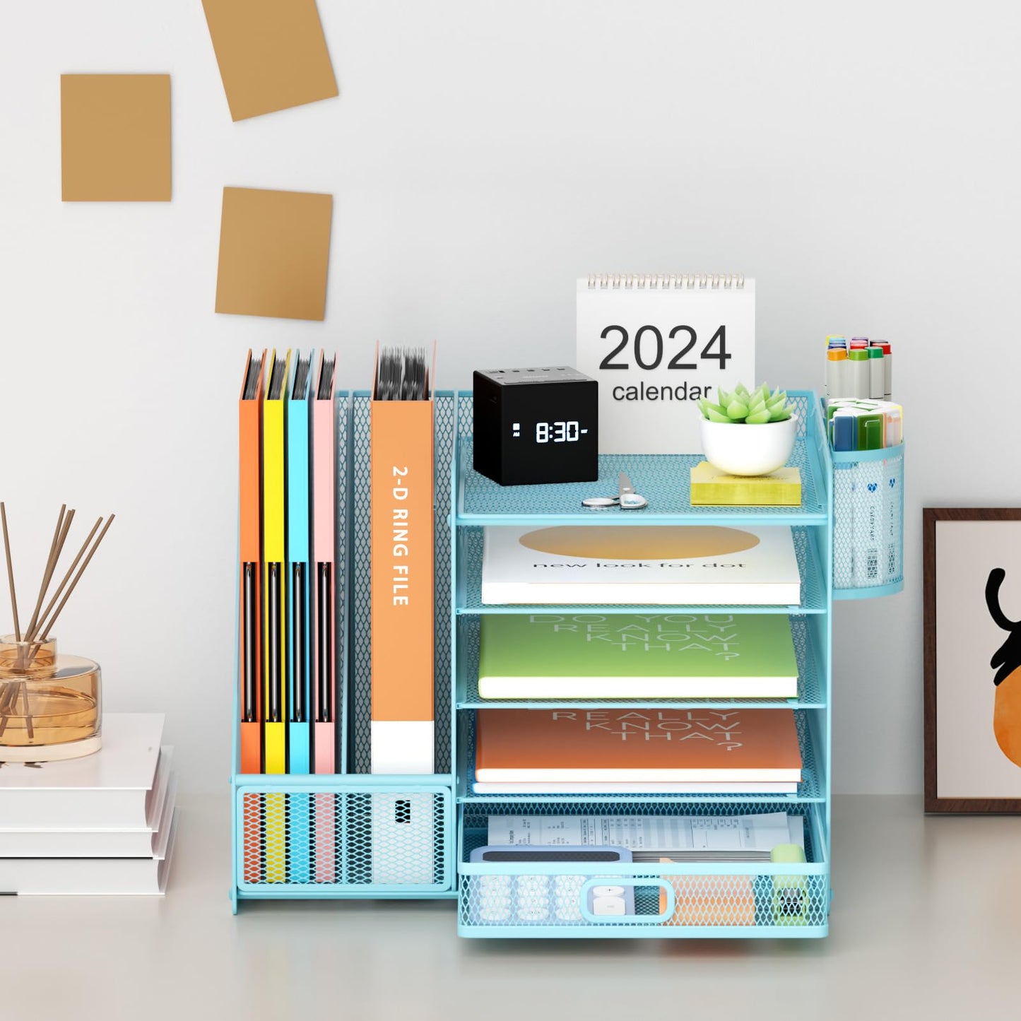 Marbrasse Desk Organizer with File Holder, 5-Tier Paper Letter Tray Organizer with Drawer and 2 Pen Holder, Mesh Desktop Organizer and Storage with Magazine Holder for Office Supplies(Black)