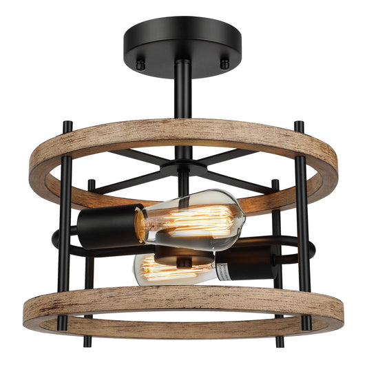 Lakumu 2-Light Retro Semi Flush Mount Ceiling Light Fixture, Rustic Vintage Wood Ceiling Light Black Metal, Industrial Farmhouse Ceiling Lamp