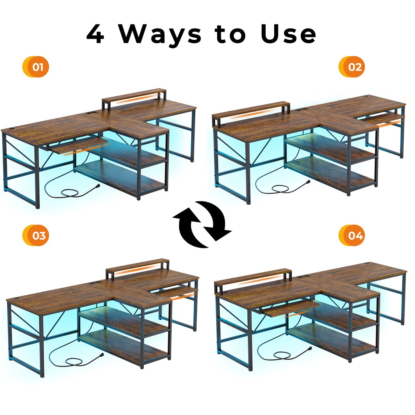 SEDETA 94.5" Home Office Desks, Computer Gaming Desk with Storage, LED Lights, Power Strip with USB, Keyboard Tray & Monitor Stand, Extra Long Double Desk for 2 Person