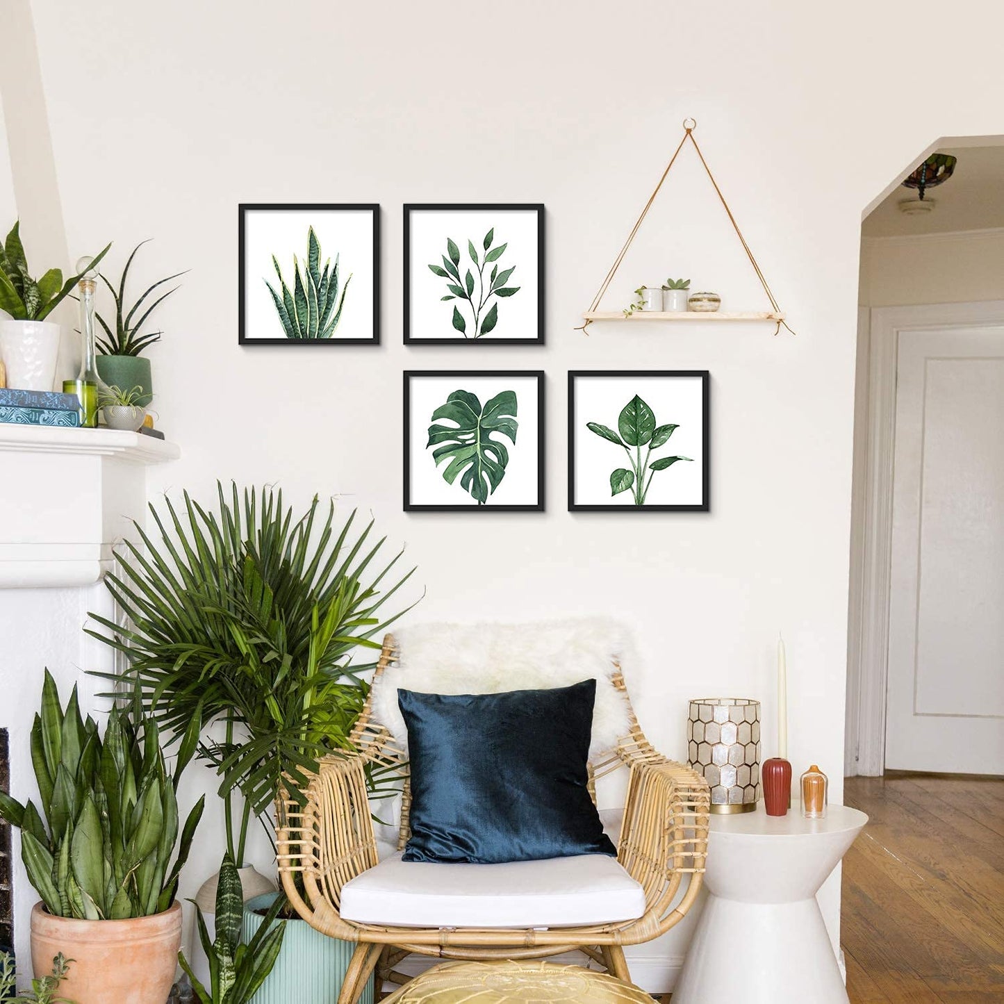 ArtbyHannah Framed Bathroom Wall Decor, 10x10 Inch Botanical Wall Art with Sage Green Plant Print for Wall Decoration, Minimalist Restroom Decor (Walnut)
