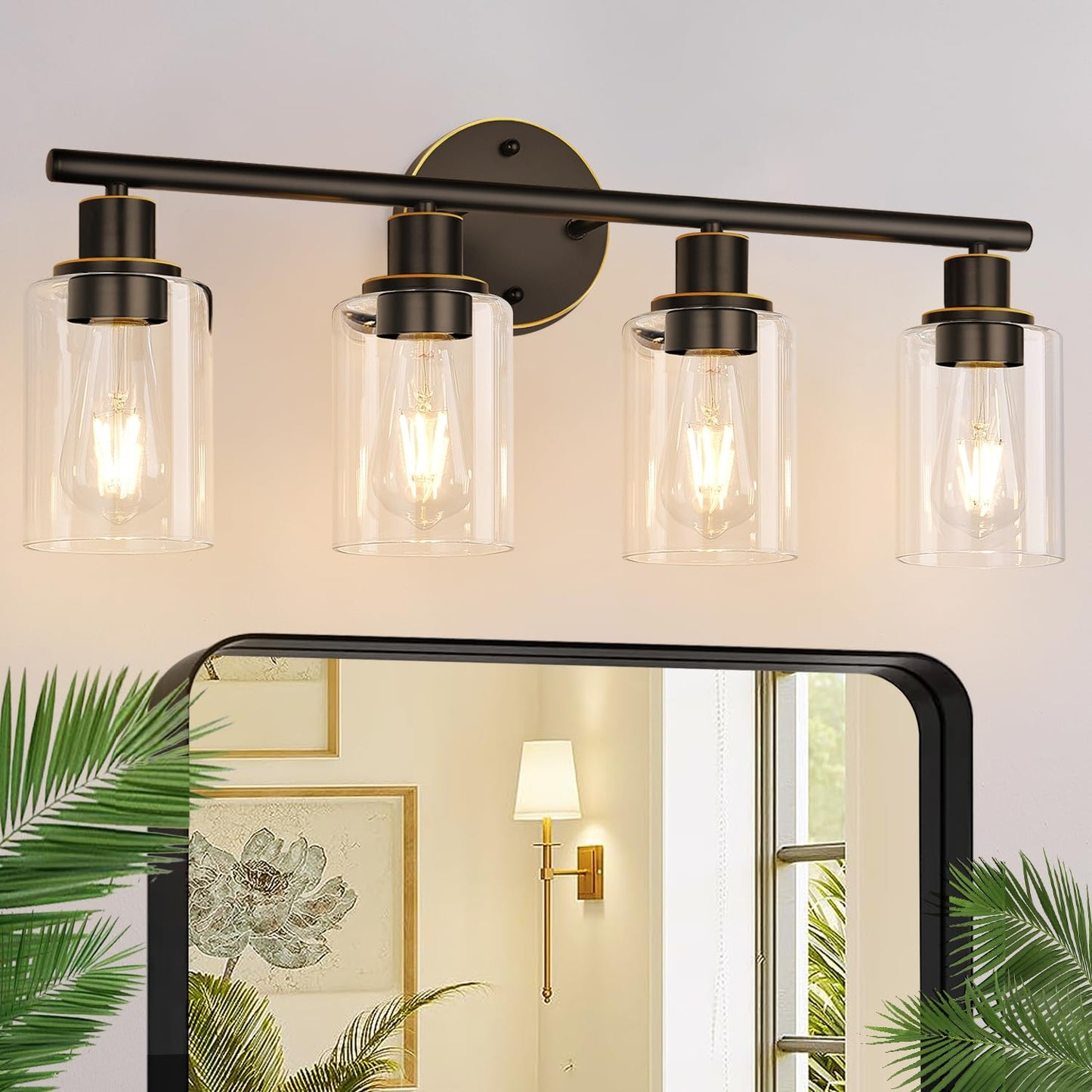 3-Light Bathroom Light Fixtures, Black Modern Vanity Lights with Clear Glass Shade, Bathroom Wall Lamp