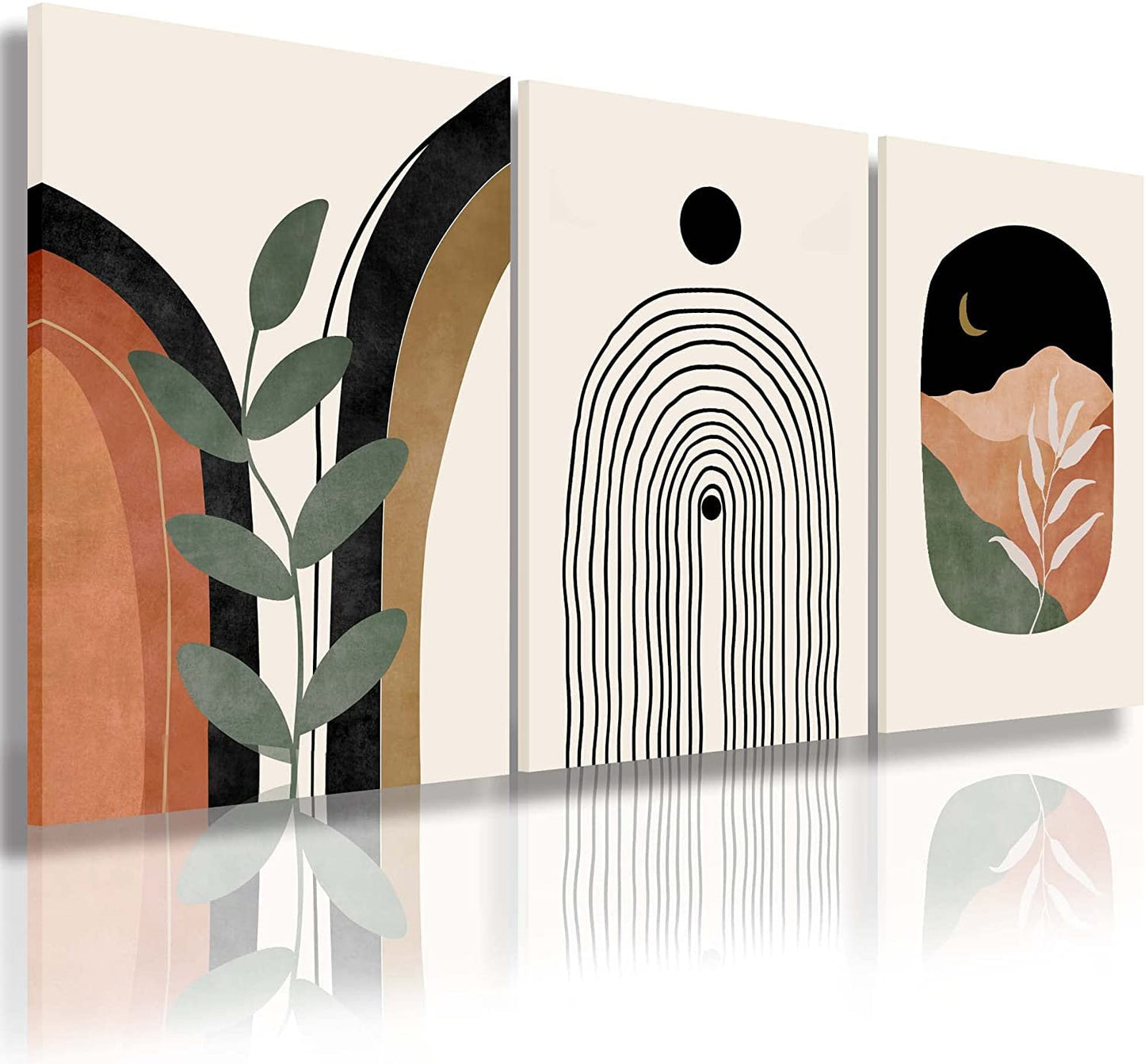 Sage Green Wall Posters & Prints, Green Boho Wall Art Set of 3, Minimalist Framed Wall Art Geometric Line Leaf Sun Moon Beige Green