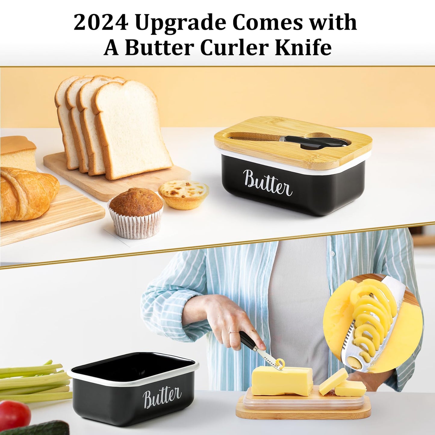 Butter Dish with Lid and Butter Curler Knife - Unbreakable Stainless Steel Keeper Container with Double Silicone Sealing, for Kitchen Farmhouse Decor