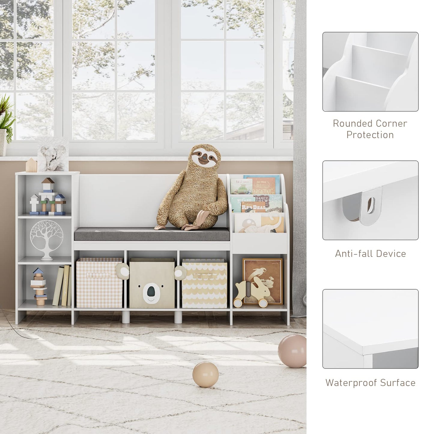 HOUSUIT 55" Kids Bookshelf with Reading Nook, Bookcase with Seat Cushion and Storage Cubbies, Kids Reading Nook with Adjustable Shelf, Toy Organizers and Storage with Bench for Playroom, White