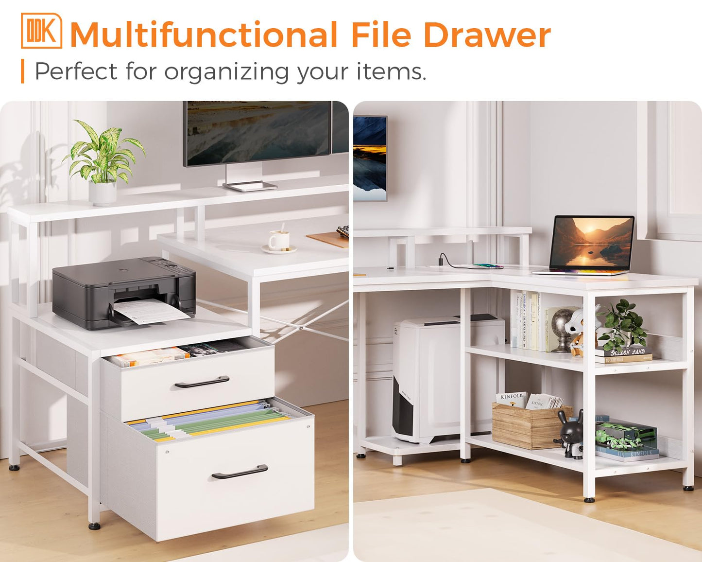 ODK L Shaped Desk with File Drawer, 75" Reversible L Shaped Computer Desk with Power Outlet & LED Strip, Office Desk with Storage Shelves, Gaming Desks with Monitor Shelf, Corner Table, Grey Oak