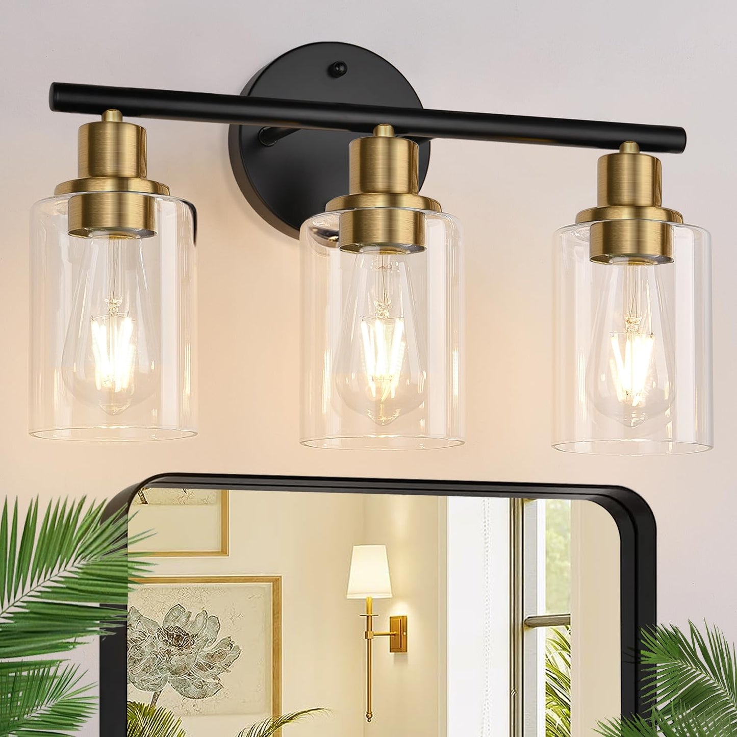 3-Light Bathroom Light Fixtures, Black Modern Vanity Lights with Clear Glass Shade, Bathroom Wall Lamp