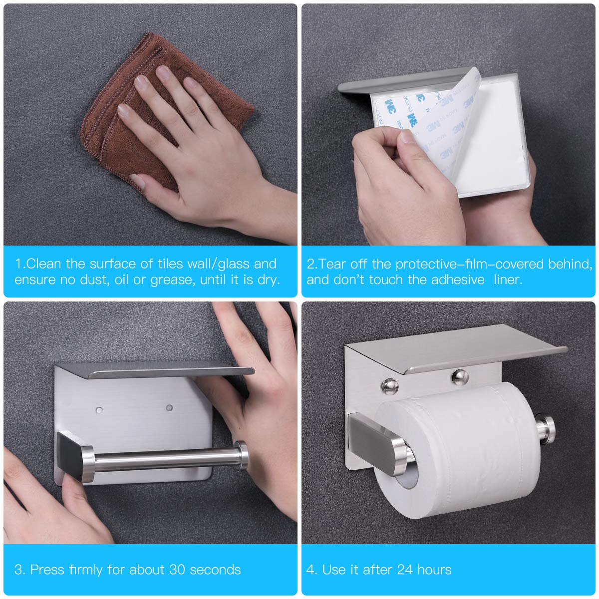 VAEHOLD Self Adhesive Toilet Paper Holder with Phone Shelf Stainless Steel Wall Mounted Toilet Paper Roll Holder - Rustproof and Bathroom Washroom Tissue Roll Holder with Shelf - Black