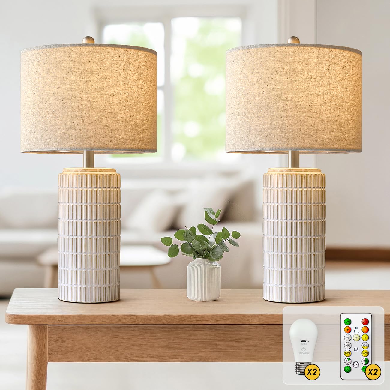 PoKat 23" Modern Ceramic Table Lamp Set of 2 for Living Room White Desk Lamps for Bedroom Farmhouse Bedside Nightstand Bedside Lamp End Table Lamps Beige