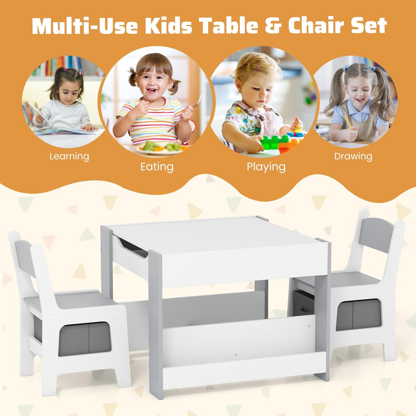 Costzon Kids Table and Chairs, 4 in 1 Wooden Activity Desk Set w/Reversible Tabletop, Bookshelves & Storage Drawers for Drawing, Reading, Crafts, Playing, Toddler Table and Chair Set