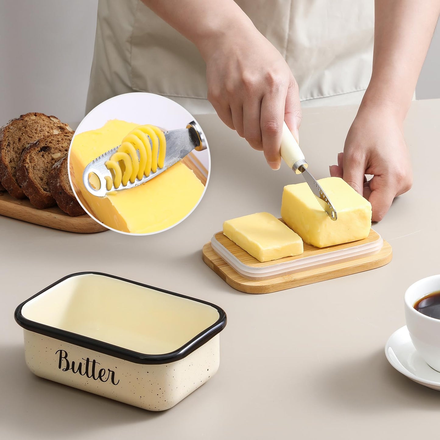 Butter Dish with Lid and Butter Curler Knife - Unbreakable Stainless Steel Keeper Container with Double Silicone Sealing, for Kitchen Farmhouse Decor