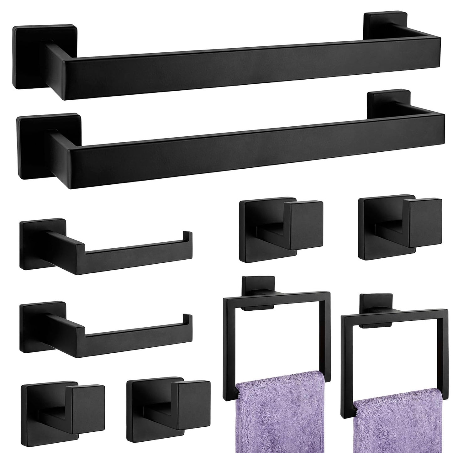 5-Pieces Matte Black Bathroom Hardware Accessories Set, SUS304 Stainless Steel Bath Towel Bar Set, Towel Racks for Bathroom Wall Mounted.