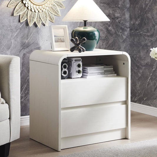 25" Tall Modern Nightstand Set of 2, 23.6'' Wide Wood Bedside Table w/2 Storage Drawers, Charging Station, Mid Century End Table for Bedroom, Living Room,Curved Profile Design, Natural Oak