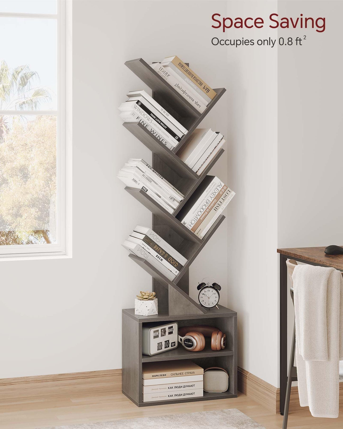 SUNMORY 6 Tier Tree Bookshelf, Small Bookcase with Storage Cabinet, Modern Tall Narrow Bookshelves Organizer, Floor Standing Book Shelf