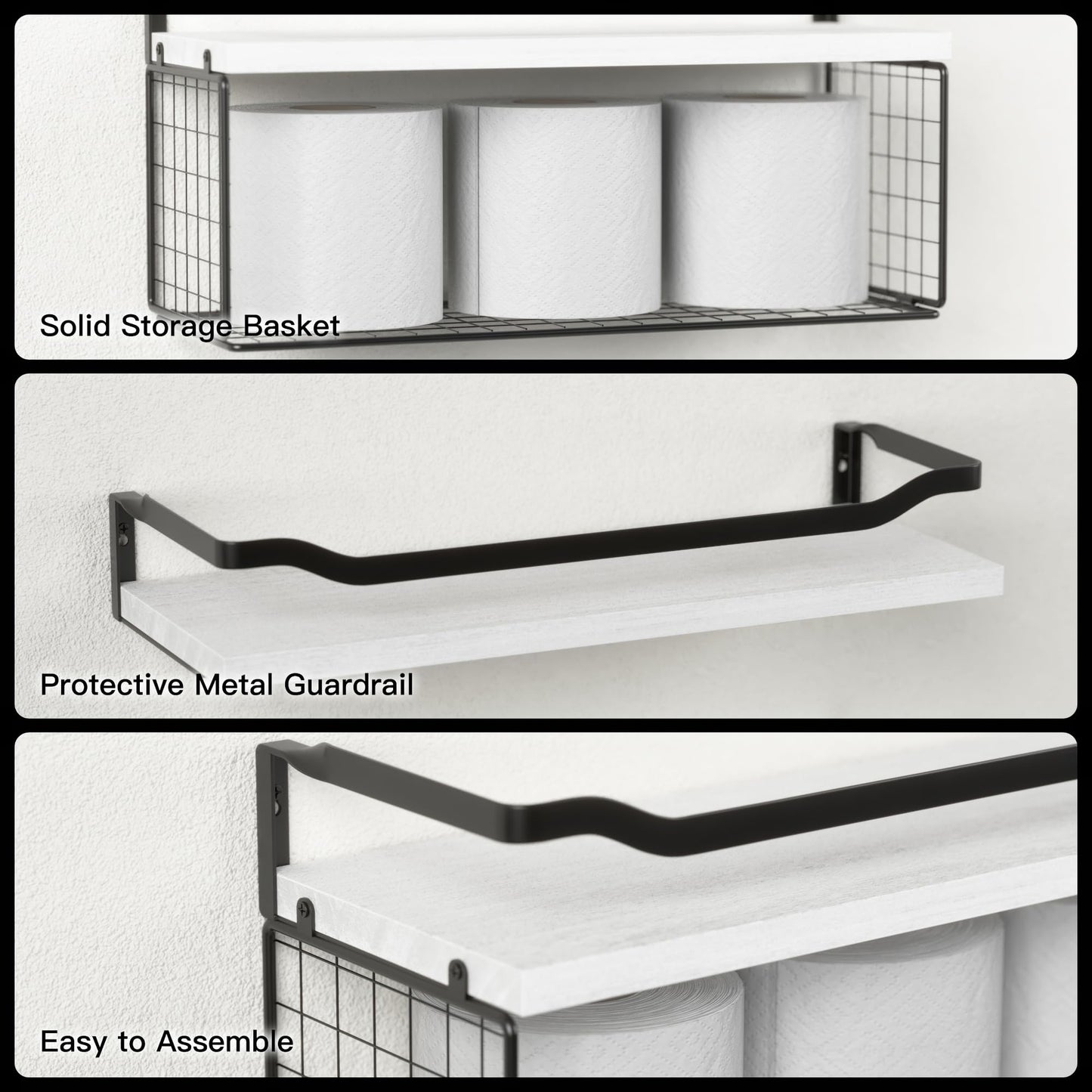Floating Shelves with Wire Storage Basket, Bathroom Shelves Over Toilet with Protective Metal Guardrail, Wood Wall Shelves for Bathroom, Bedroom, Living Room, Toilet Paper-Black