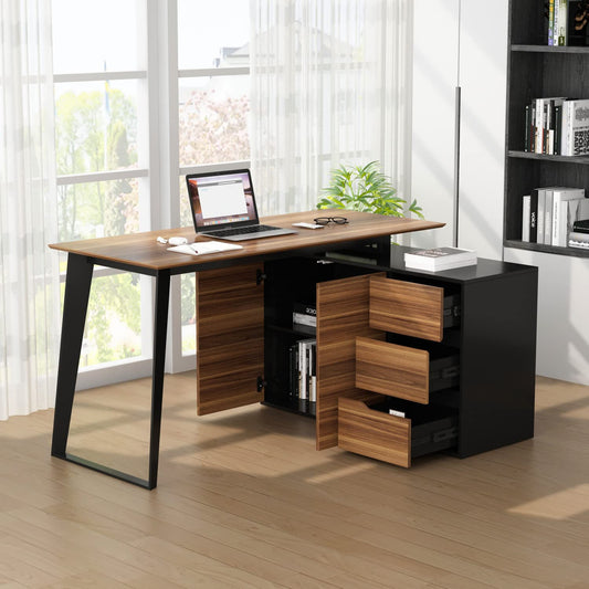Homsee Home Office Computer Desk Corner Desk with 3 Drawers, 2 Shelves & 2 Doors, 55 Inch Large L-Shaped Study Writing Table with Storage Cabinet, Black & Brown