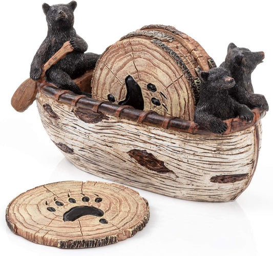 Bear Coasters Set of 6 Full Size Rustic Coasters in Handmade Canoe with Adorable Black Bear Figurines | Black Bear Log Cabin Decorations