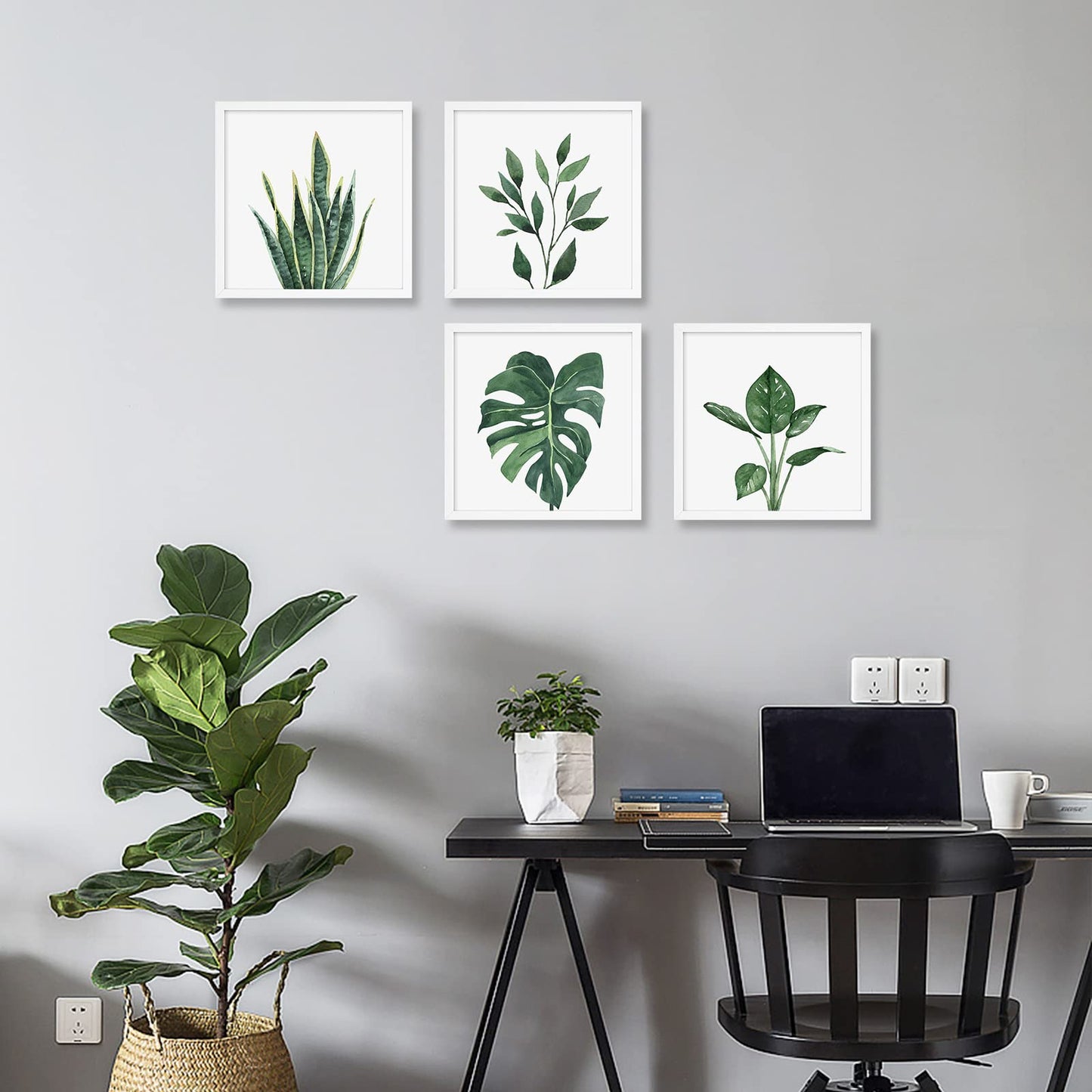 ArtbyHannah Framed Bathroom Wall Decor, 10x10 Inch Botanical Wall Art with Sage Green Plant Print for Wall Decoration, Minimalist Restroom Decor (Walnut)