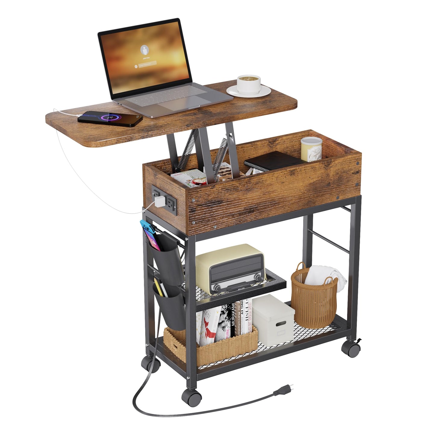 Colima Lift Top End Table with Charging Station and Wheels, Sofa Side Table with USB port