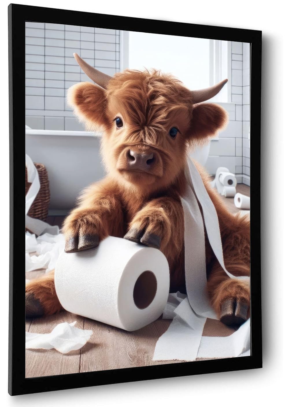 Foduuo Wall Art, Funny Highland Cow Poster, Black Framed, Waterproof, Bathroom Decoration
