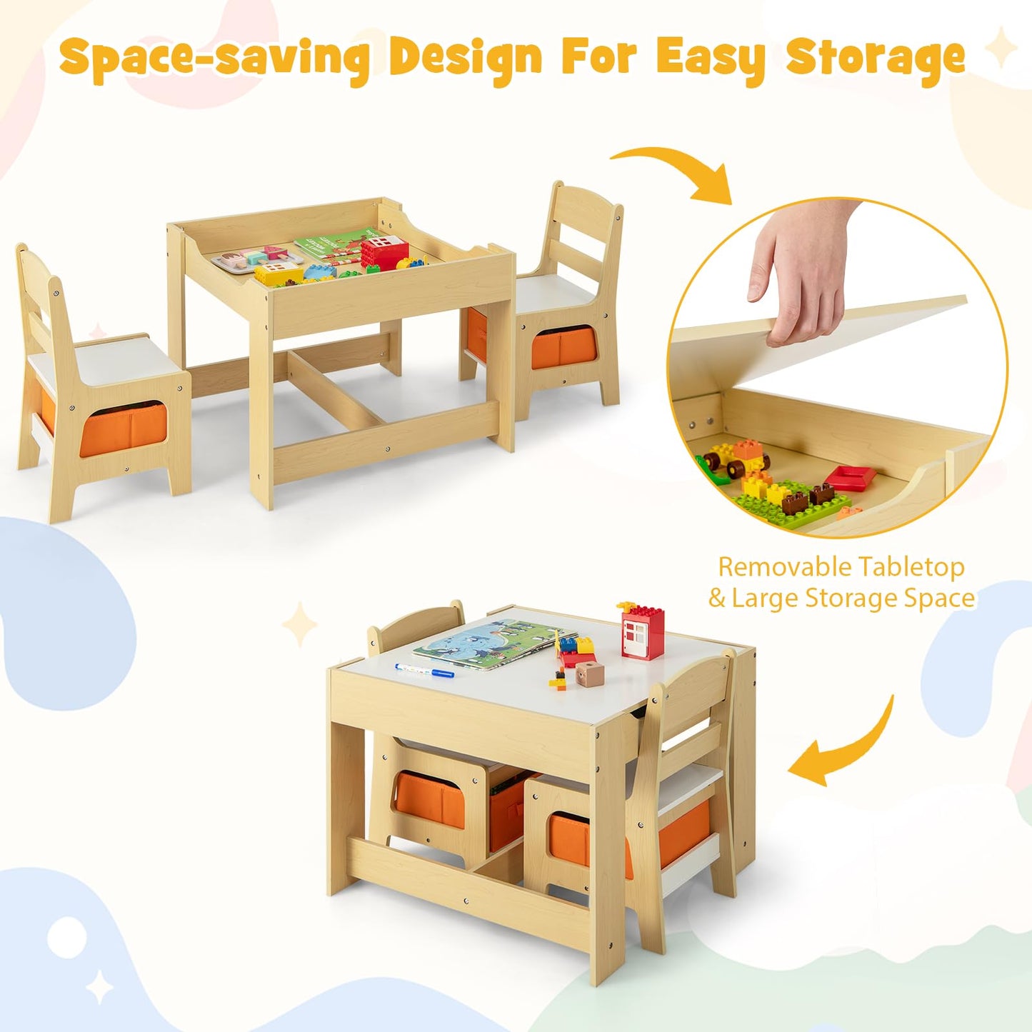 Costzon Kids Table and Chairs, 4 in 1 Wooden Activity Desk Set w/Reversible Tabletop, Bookshelves & Storage Drawers for Drawing, Reading, Crafts, Playing, Toddler Table and Chair Set