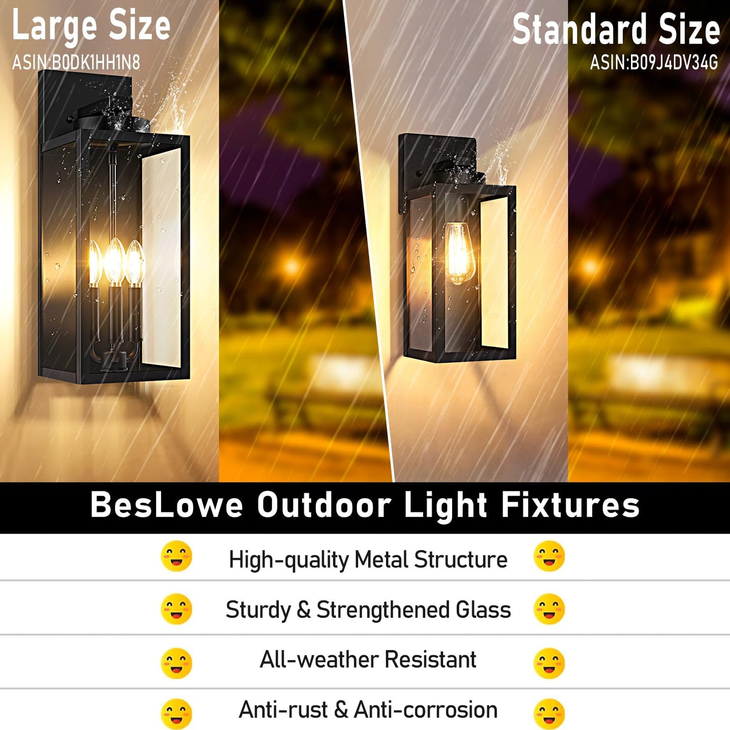 Outdoor Wall Light Fixtures, Exterior Waterproof Wall Lanterns, Porch Sconces Lighting with E26 Sockets & Glass Shades, Modern Matte Black Outside Lights for Patio Front Door Entryway Garage, 2-Pack