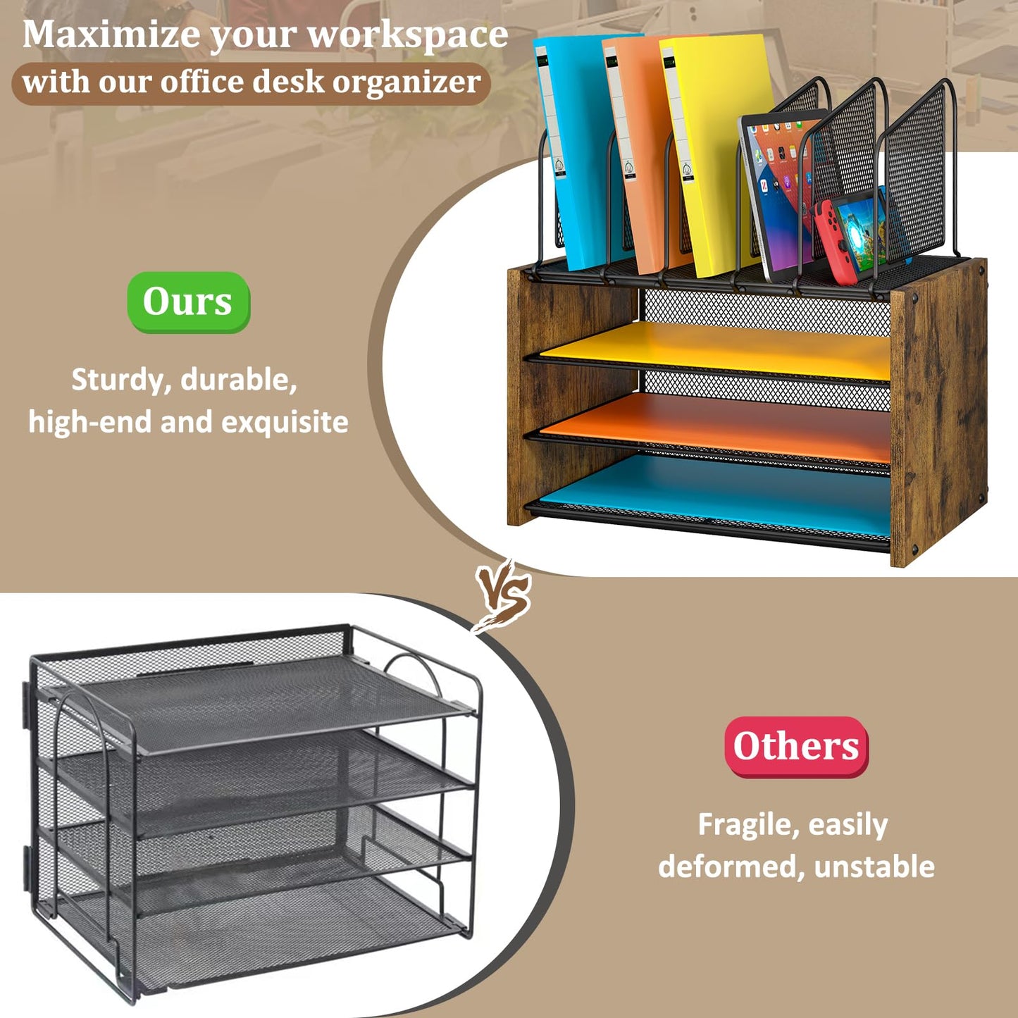 4-Tier Mesh Desk Organizer, Wooden Desk File Organizer with 5 Vertical File Holders and 2 Pen Holders, Desktop Organizers and Accessories with Drawer for Home Office