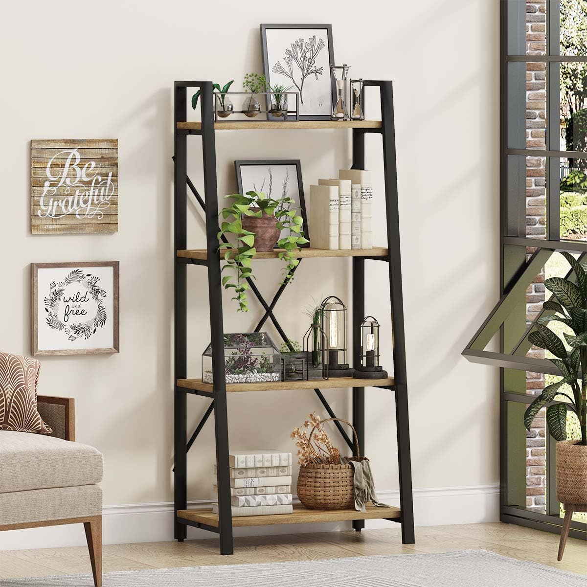 BON AUGURE Ladder Bookshelf, 4 Tier Ladder Shelf Bookcase, Wood Leaning Book Shelves for Living Room, Bedroom, Home Office Shelving Unit (Dark Grey Oak)