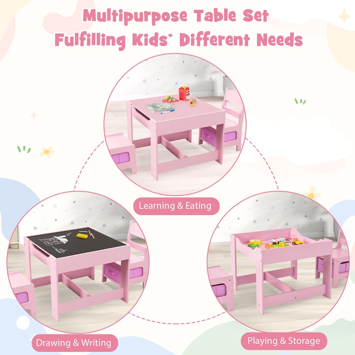 Costzon Kids Table and Chairs, 4 in 1 Wooden Activity Desk Set w/Reversible Tabletop, Bookshelves & Storage Drawers for Drawing, Reading, Crafts, Playing, Toddler Table and Chair Set