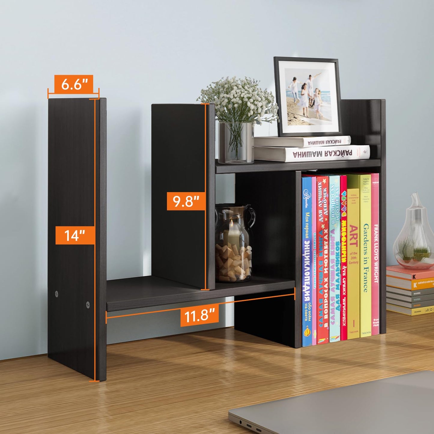 YSJILIDE Wood Adjustable Small Desktop Bookshelf, Expandable Storage Organizer