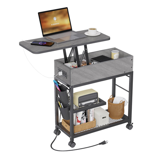 Colima Lift Top End Table with Charging Station and Wheels, Sofa Side Table with USB port