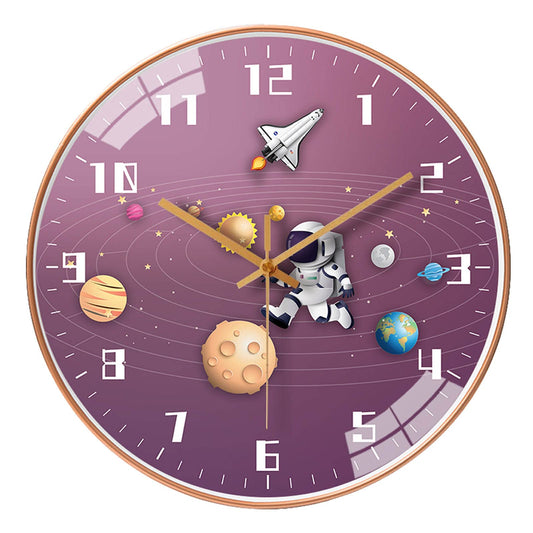 12 Inch Silent Movement Kids Wall Clock, Non Ticking Children Round Wall Clock Battery Operated Space Travel Style Decor Children Clock for School Boys Bedroom Living Room Space Decor (Blue)