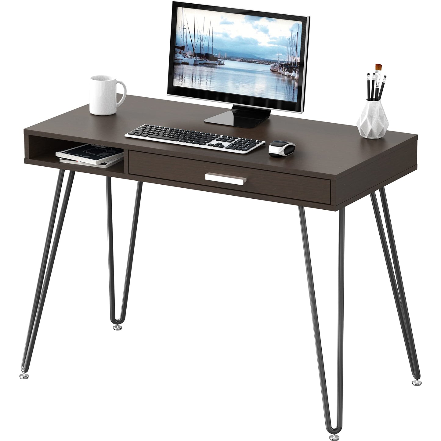 SHW Home Office Computer Hairpin Leg Desk with Drawer, Rustic Brown