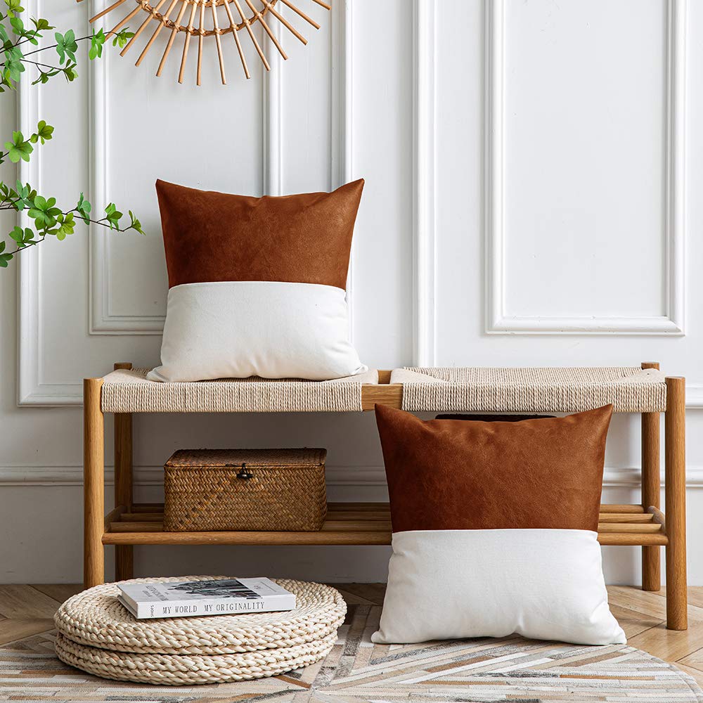 DEZENE Leather Throw Pillow Covers, Set of 2 Modern Leather/Cotton Decorative Pillowcases for Home Decor