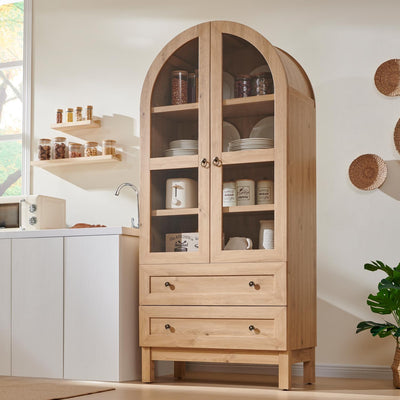 71" Tall Arched Kitchen Pantry, Modern Farmhouse Wood Kitchens Storage Cabinets with 2 Large Drawers and Adjustable Shelves