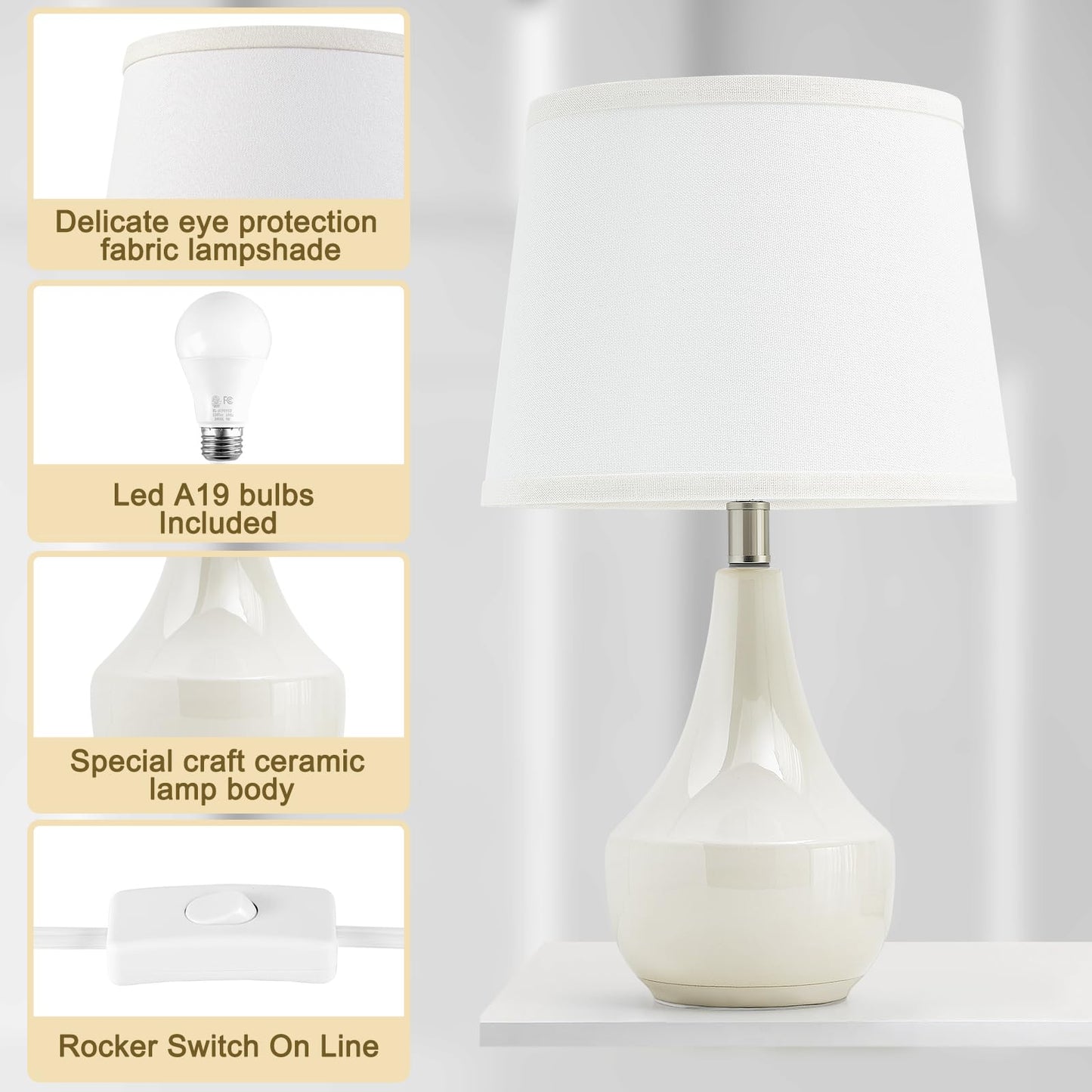 GyroVu Table Lamp Set of 2, 18.63” Ceramic Table Lamp Classic Beside Lamps Nightstand Lamp Modern Lamp for Living Room, Bedroom & Office Rocker Swtich Sage Green-LED Bulbs Included