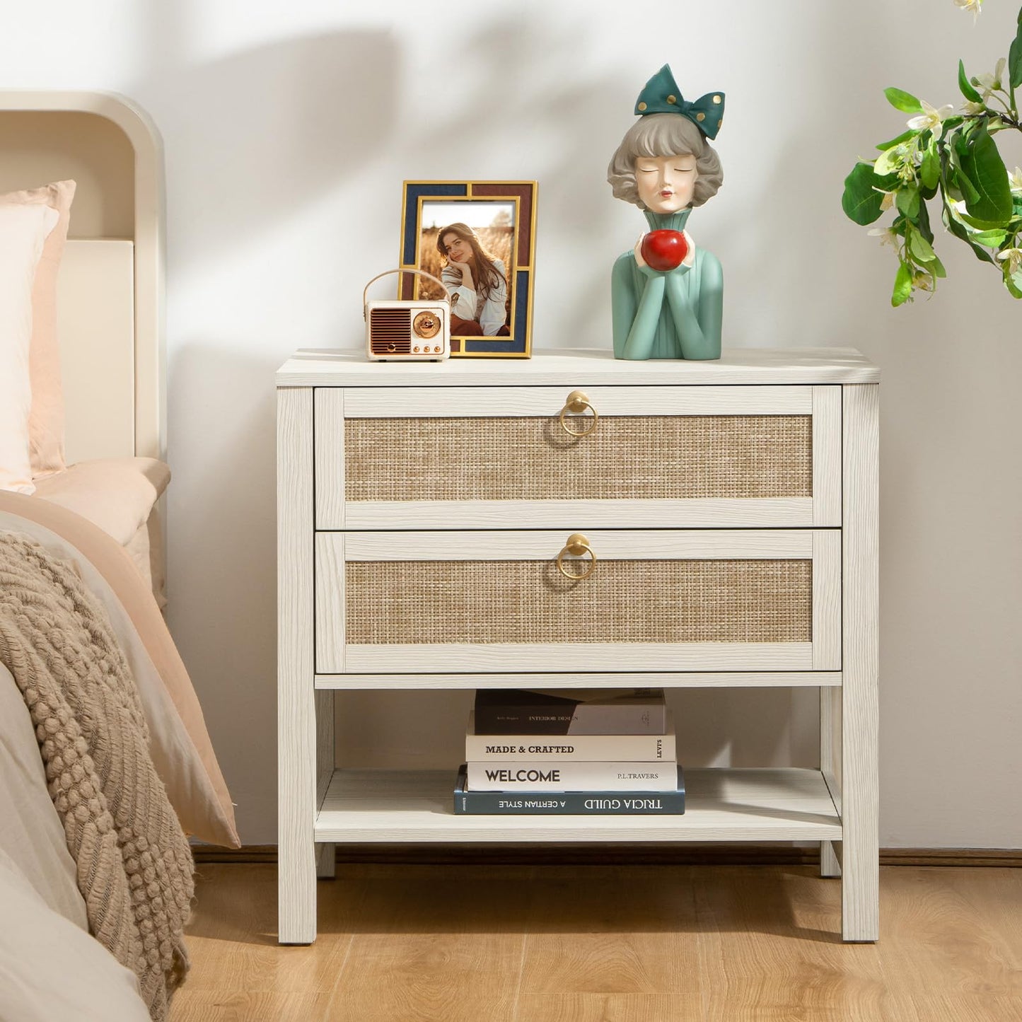 SICOTAS Night Stand Set of 2, Large Nightstand with Drawers and Storage Shelf - Rattan Boho Bedside Table Narrow Side Table for Bedroom, Small Space