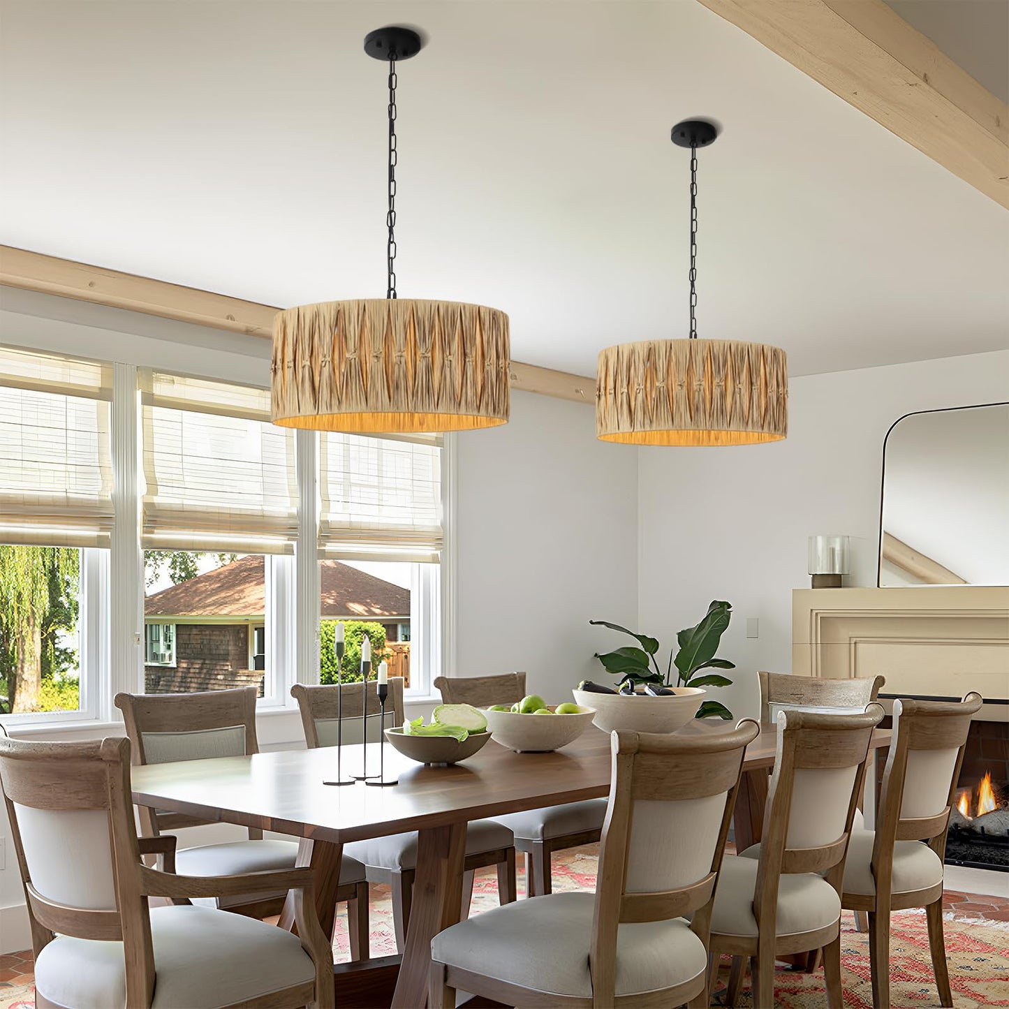 Rattan Pendant Lights, Large Wicker Chandelier Hand-Woven Boho Pendant Light Rattan Basket Hanging Light