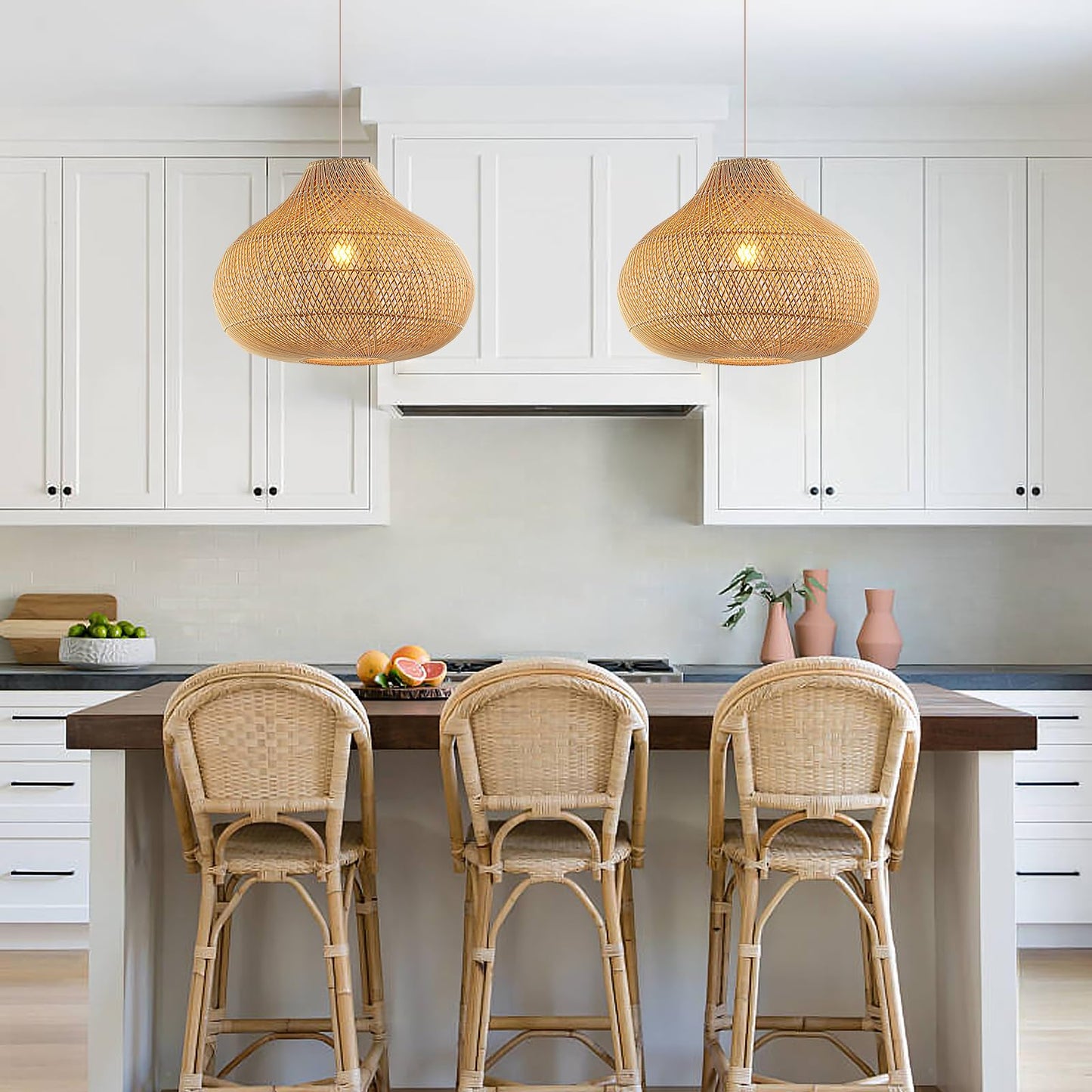 Rattan Pendant Lights, Large Wicker Chandelier Hand-Woven Boho Pendant Light Rattan Basket Hanging Light