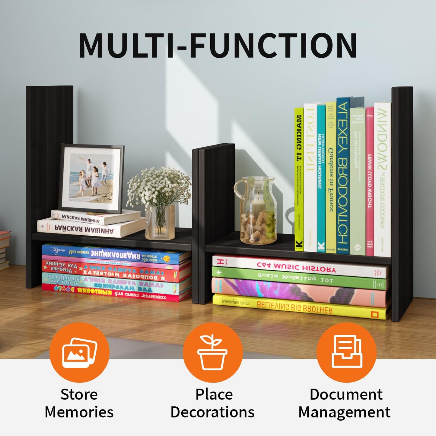 YSJILIDE Wood Adjustable Small Desktop Bookshelf, Expandable Storage Organizer