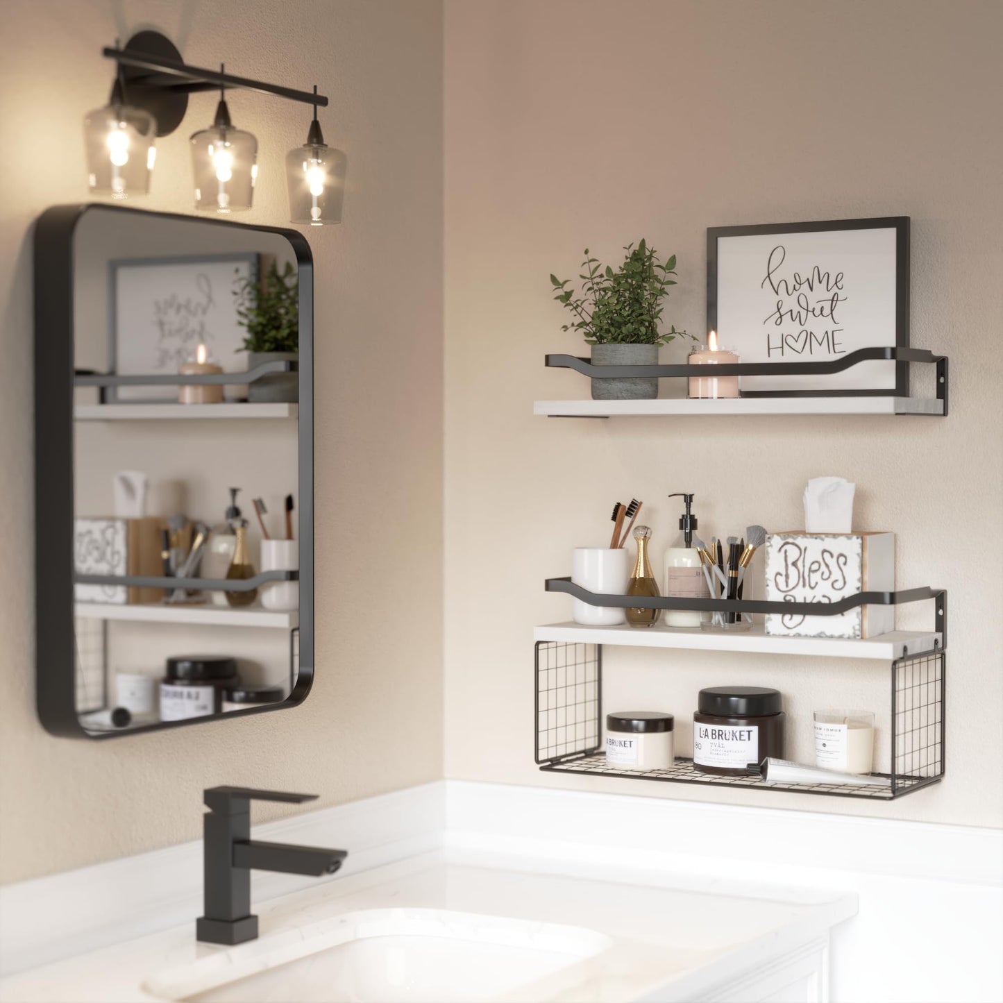 Floating Shelves with Wire Storage Basket, Bathroom Shelves Over Toilet with Protective Metal Guardrail, Wood Wall Shelves for Bathroom, Bedroom, Living Room, Toilet Paper-Black