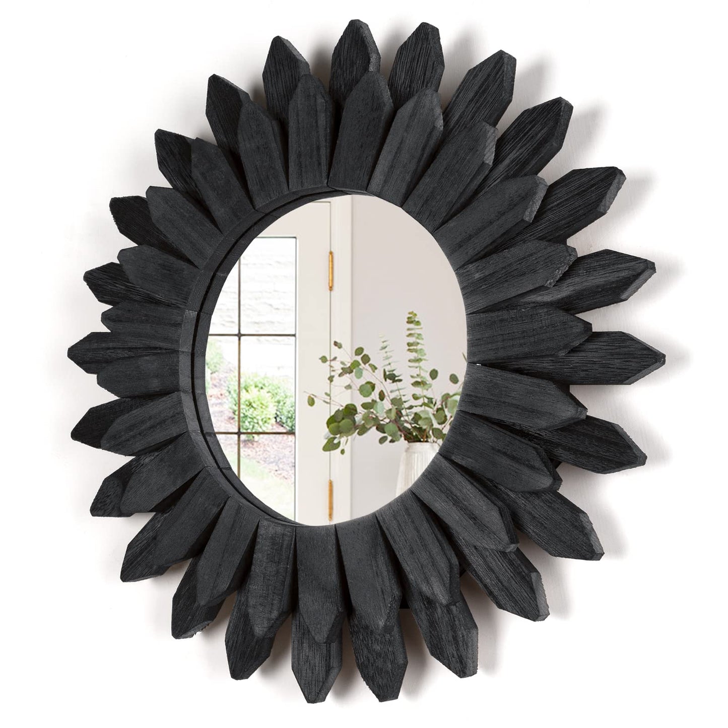 Honiway Wall Mirror Decorative 12 inch Rustic Wood Mirror Sunburst Boho Mirror for Entryway Bedroom Living Room Bathroom House Warming Gifts New Home Essential Carbonized Black