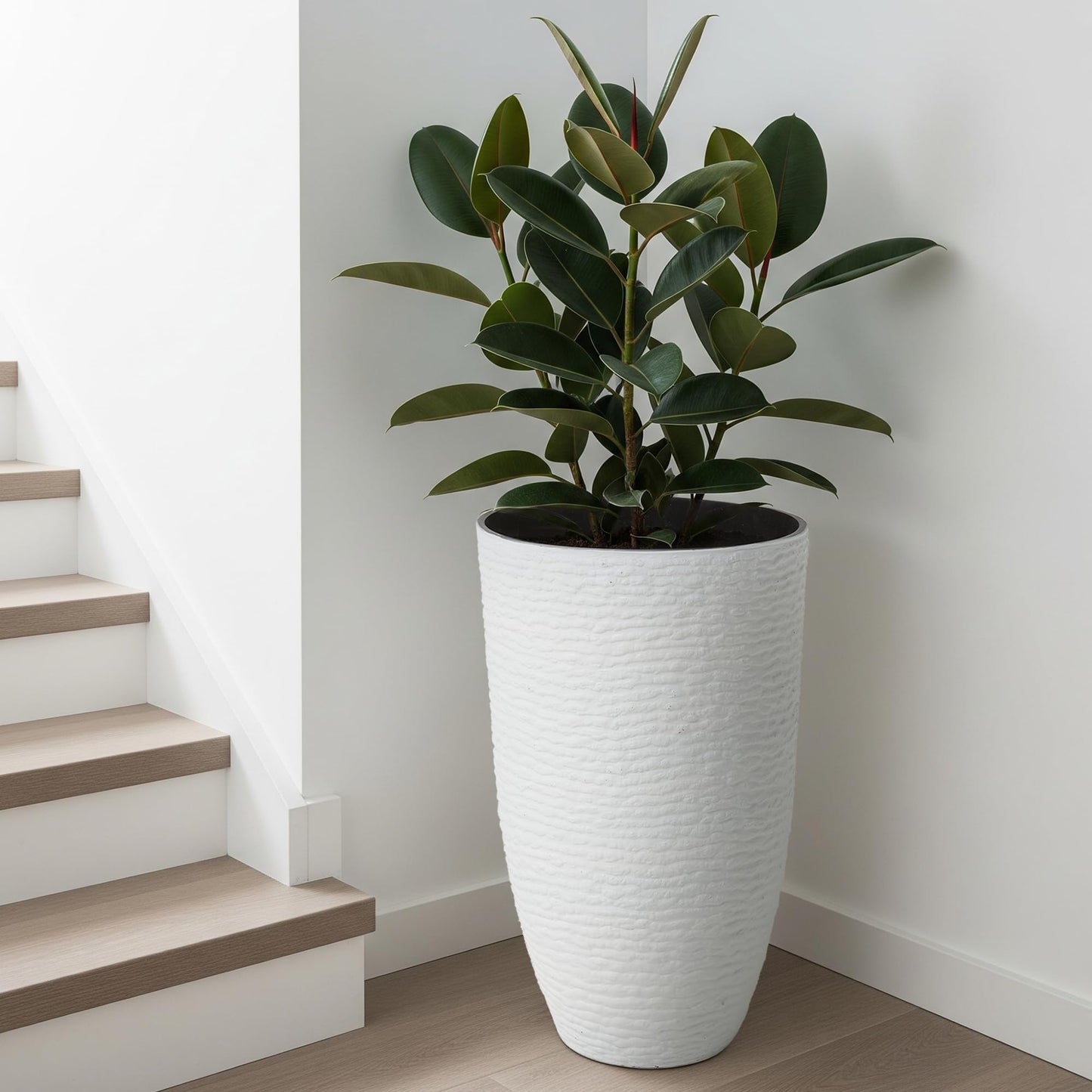 Tall Round Planters Set of 2-14" Dia x 21" H Stone Finish Flower Pots Indoor Decorative Container Garden Patio Unbreakable Beige