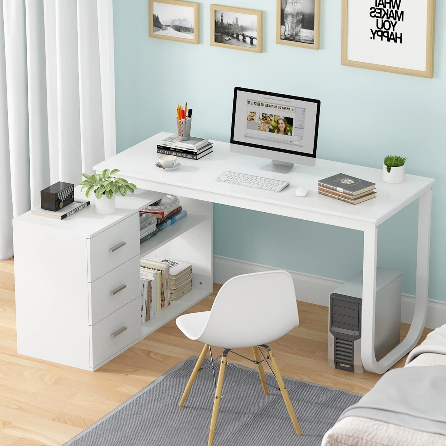 Homsee Home Office Computer Desk Corner Desk with 3 Drawers, 2 Shelves & 2 Doors, 55 Inch Large L-Shaped Study Writing Table with Storage Cabinet, Black & Brown