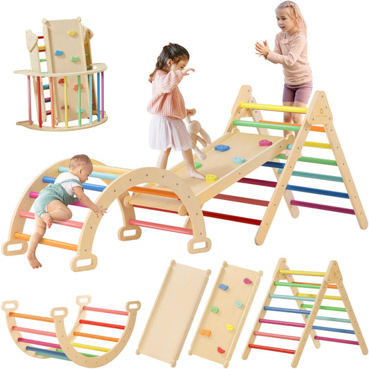 7-in-1 Foldable Pikler Triangle Climbing Toys Set for Kids,Baby Indoor Playground Wooden Montessori Climbing Set for Toddler (Natural)